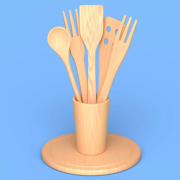 Wooden kitchen utensils, tools and equipment in holder on blue background. 3d render of home kitchen tools and accessories for cooking