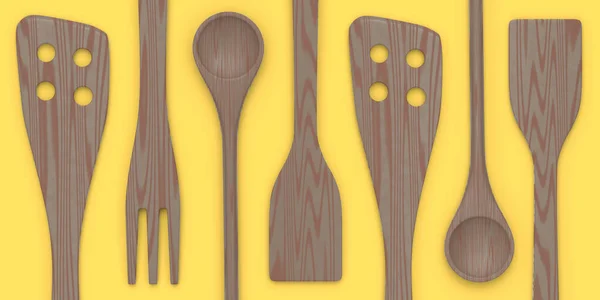 Wooden kitchen utensils, tools and equipment on yellow background. 3d render of home kitchen tools and accessories for cooking