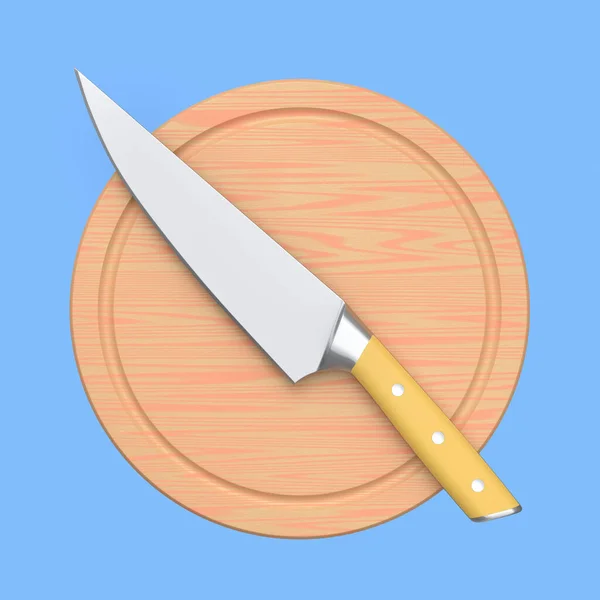 Chef\'s kitchen knife on a wooden board isolated on blue background. 3d render of butcher knife or professional kitchen utensils