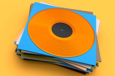 Black vinyl LP record with heap of covers isolated on yellow background. 3d render of musical long play album disc 33 rpm
