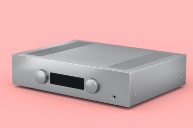 Pembe arka planda pikap ve ev sineması için yükseltici ile HiFi sistemi. Dinleme müziği için 3d yorumlama konsepti