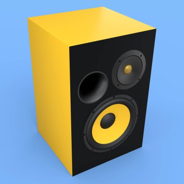 Hoparlörlü hoparlörler mavi arkaplanda izole edildi. Ses kayıt stüdyosu için müzik kutusu gibi 3D ses ekipmanları oluştur
