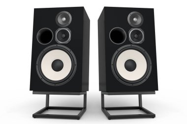 Hoparlörlü Hi-Fi hoparlörleri beyaz arka planda izole edildi. Ses kayıt stüdyosu için müzik kutusu gibi 3D ses ekipmanları oluştur
