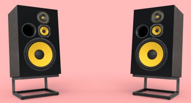 Hoparlörlü Hi-Fi hoparlörleri pembe arka planda izole edildi. Ses kayıt stüdyosu için müzik kutusu gibi 3D ses ekipmanları oluştur