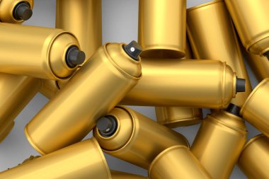 Beyaz arka planda bir sürü uçan sprey boya kutusu var. 3 boyutlu sprey boya şişesi ve beyaz arka planda izole edilmiş sprey boya kutusu. 3D render sprey boya şişesi ve şeker kutusu.