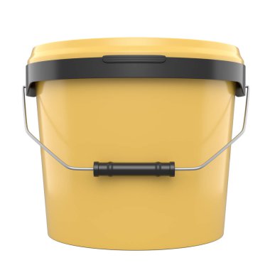 Kapalı plastik kutu ya da beyaz arka planda tutacağı olan boya kovaları. 3D yenileme konsepti ve iç tasarım