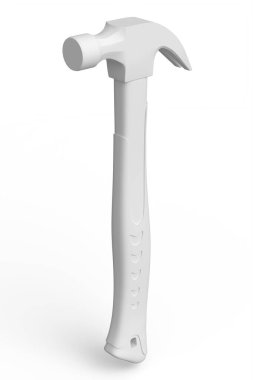 Beyaz arka planda izole edilmiş plastik saplı çekiç. Tamir ve inşa etmek için kullanılan aracın 3d görüntülenmesi ve çizimi