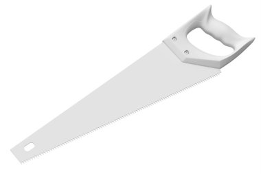 Beyaz monokrom arka planda izole edilmiş sertleştirilmiş dişlerle el testeresi. Marangozluk işi veya ahşap araçları için 3d görüntüleme ve illüstrasyon