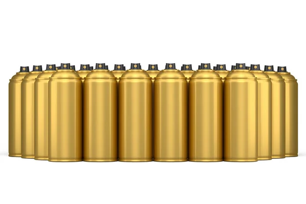 Uppsättning Guld Sprayfärg Burkar Rad Vit Bakgrund Render Sprayfärg Flaska — Stockfoto
