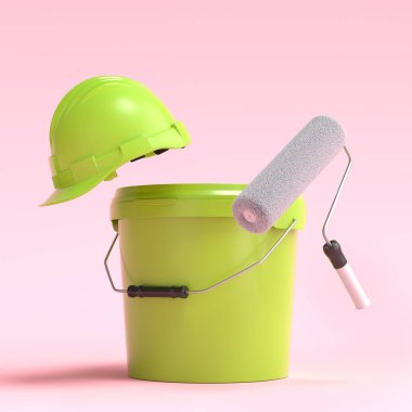 Güvenlik kaskı seti, boya silindirli kova ve pembe arka planda duvarları boyamak için fırçalar. 3D yenileme konsepti ve iç tasarım