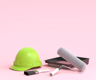 Güvenlik kaskı seti, boya silindirli sprey ve pembe arka planda duvarları boyamak için fırçalar. 3D yenileme konsepti ve iç tasarım