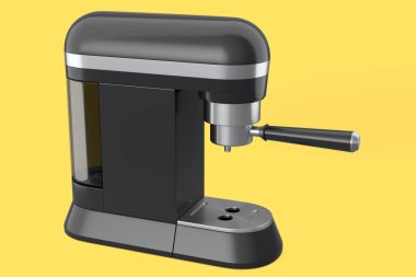Sarı arka planda kornası olan Espresso kahve makinesi. Kahve yapmak için 3D kahve demliği.