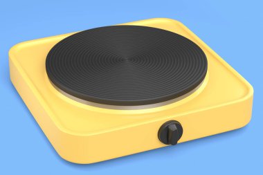 Mobil kamp elektrikli sobası mavi arka planda izole edilmiş. 3D seyahat fırını. Mutfakta buharlı tencerede yemek ve kaynar su hazırlamak için.