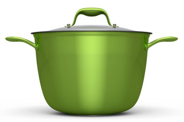 Paslanmaz çelik güveç ve beyaz arka planda krom kaplama alüminyum tencere. Yapışmayan mutfak gereçlerinin 3D görüntüsü