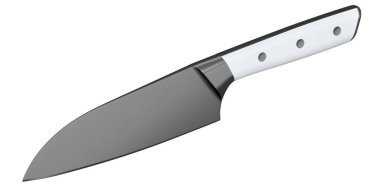 Şefin mutfak bıçağı beyaz arka planda izole edilmiş ahşap saplı. 3 boyutlu Santoku bıçağı ya da profesyonel mutfak gereçleri.
