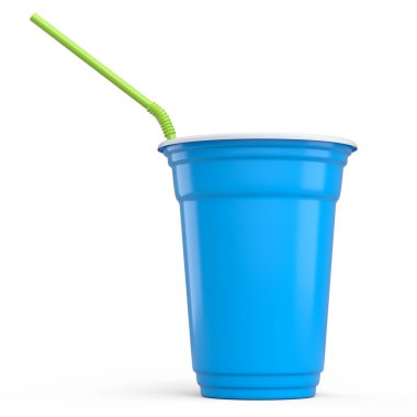 Kahve için plastik tek kullanımlık parti bardağı ya da beyaz arka planda saman ile taze. Meyve suyu, taze, bira için 3D servis bardağı.