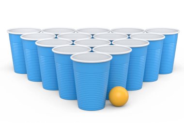 Beyaz arka planda izole edilmiş plastik tek kullanımlık parti bardağı. Üniversite masa tenisi oyunu için 3D paket cam.