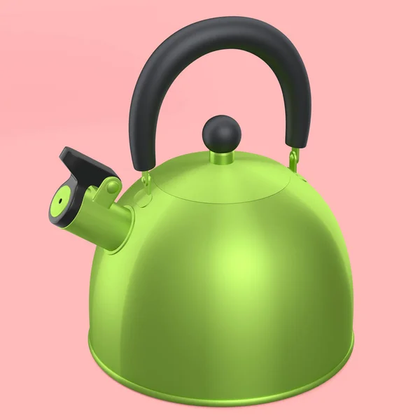 Stainless steel stovetop kettle with whistle isolated on pink background. 3d render of home kitchen tools and utensil like teapot