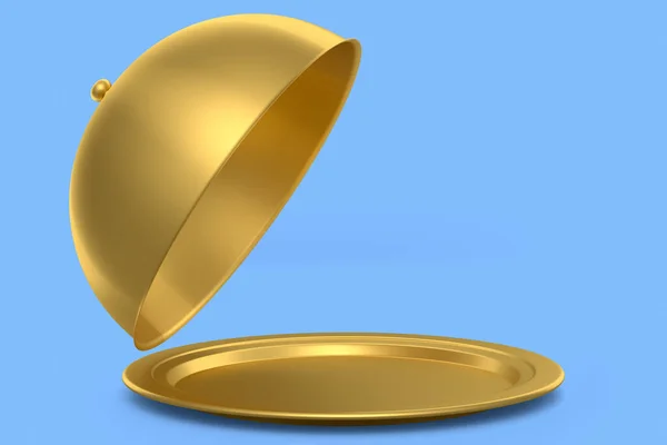 Χρυσός Δίσκος Cloche Έτοιμος Σερβίρει Απομονωμένος Μπλε Φόντο Καθιστούν Υπηρεσία — Φωτογραφία Αρχείου