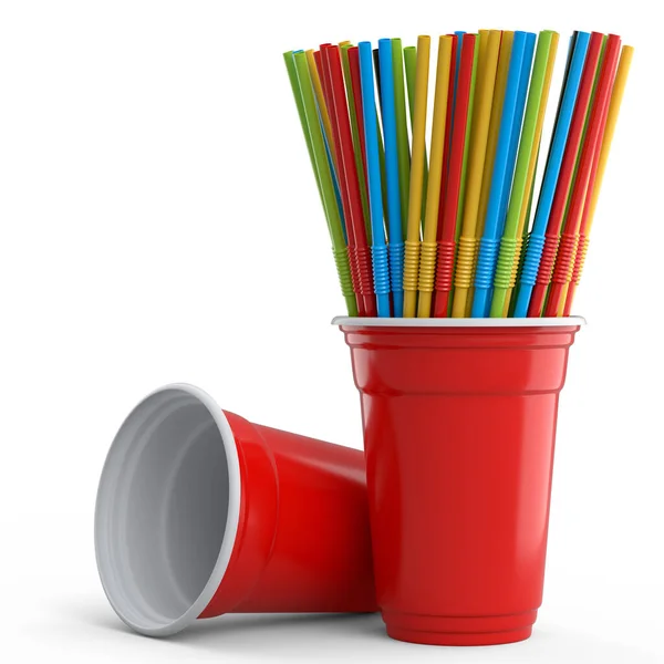 Set Plastic Disposable Party Cups Coffee Fresh Heap Straw White — Stockfoto