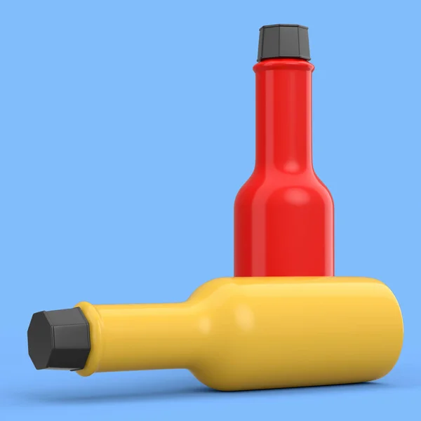 Set of tabasco hot chilli sauce bottle isolated on blue background. 3d render of mexican cuisine ingredient