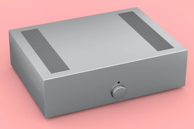 Pembe arka planda pikap ve ev sineması için yükseltici ile HiFi sistemi. Dinleme müziği için 3d yorumlama konsepti
