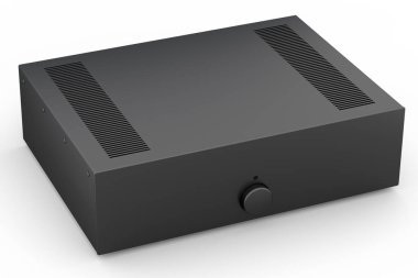 Pikablı HiFi sistemi ve beyaz arka planda ev sineması için yükseltici. Dinleme müziği için 3d yorumlama konsepti