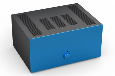 Pikablı HiFi sistemi ve beyaz arka planda ev sineması için yükseltici. Dinleme müziği için 3d yorumlama konsepti