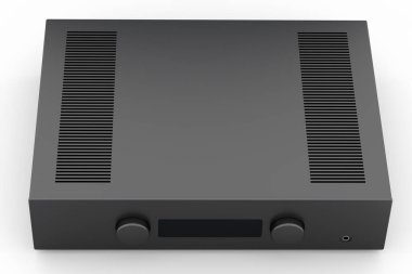 Pikablı HiFi sistemi ve beyaz arka planda ev sineması için yükseltici. Dinleme müziği için 3d yorumlama konsepti