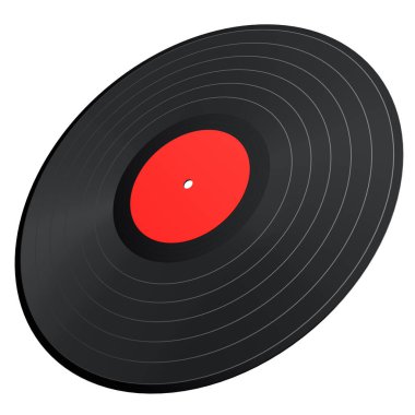 Black vinyl LP record with label isolated on white background. 3d render of musical long play album disc 33 rpm