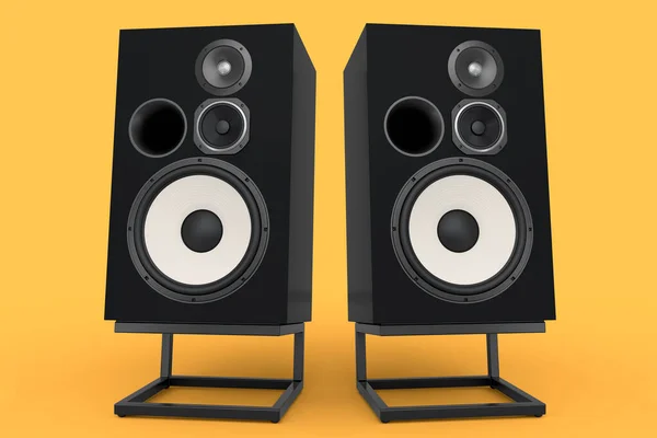 Speakers Loudspeakers Stand Isolated Yellow Background Render Audio Equipment Boombox — Stock Photo, Image