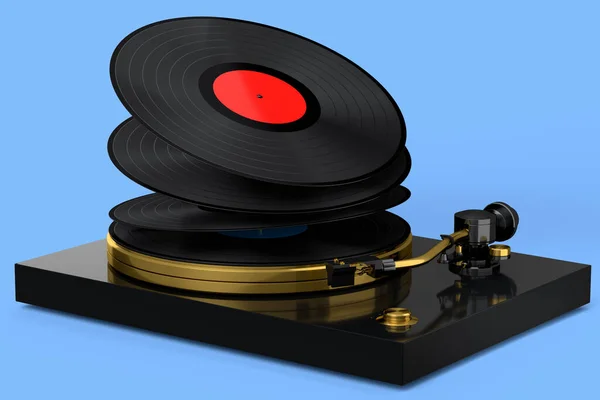Vinyl Record Player Turntable Flying Vinyl Plate Blue Background Render — Stock Photo, Image