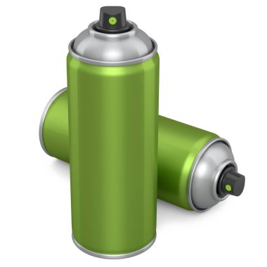 Beyaz arka planda izole edilmiş sprey boya kutuları. 3D render sprey boya şişesi ve şeker kutusu.