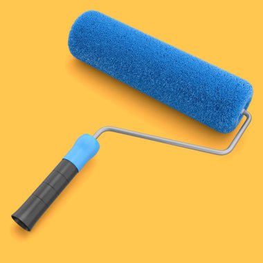 Duvarları boyamak ve sarı arka plandaki daireyi yenilemek için boya silindiri. 3D render konsepti oda onarımı ve yenileme pankartı