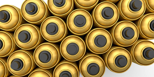 Набор золотых баллончиков краски в ряд на белом фоне. 3d визуализировать баллон краски распылителя и диспенсер баллончик краски изолированы на белом фоне. 3d визуализировать баллон с краской и диспенсер