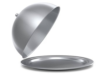 Beyaz arka planda izole edilmiş gümüş tepside saat servis etmeye hazır. 3D servis, restoran, horeca ve birinci sınıf servis kavramı