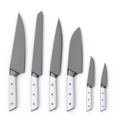 Beyaz arka planda ahşap saplı bir mutfak bıçağı seti. 3 boyutlu kasap bıçağı ya da profesyonel mutfak aletleri.