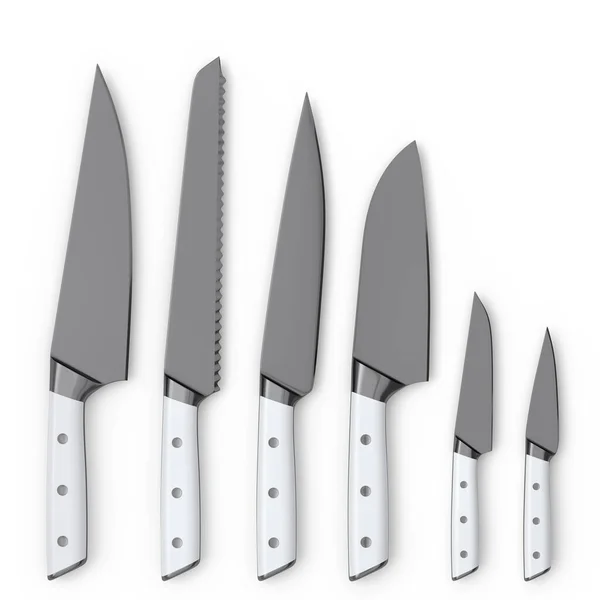 Sada Kuchařských Kuchyňských Nožů Dřevěnou Rukojetí Izolovanou Bílém Pozadí Provedení — Stock fotografie
