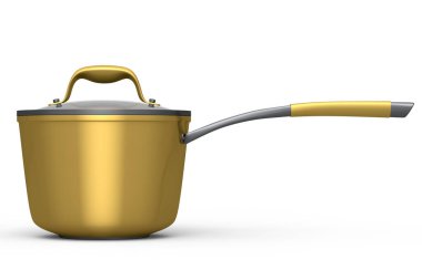 Paslanmaz çelik güveç ve beyaz arka planda krom kaplama alüminyum tencere. Yapışmayan mutfak gereçlerinin 3D görüntüsü