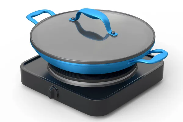 Frying Pan Wok Glass Lid Portable Camping Electric Stove White — Stock Photo, Image