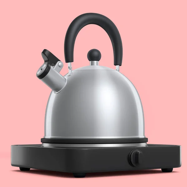 Portable camping electric stove and kettle with whistle on pink background.. 3d render travel furnace for preparing food and boiling water in saucepan and kettle with steam on kitchen
