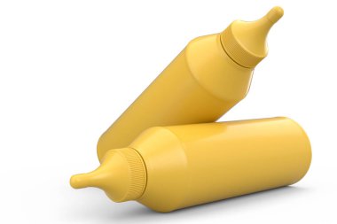 PSet of plastic bottle of italian salsa verde sauce isolated on white background. 3d render sauce for chicken nuggets and potato wedge flying