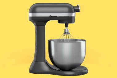 Sarı arka planda pişirmek için modern mutfak mikseri. Yemek pişirme, karıştırma ve karıştırma için ev mutfak aletleri ve aksesuarları 3D hazırlama