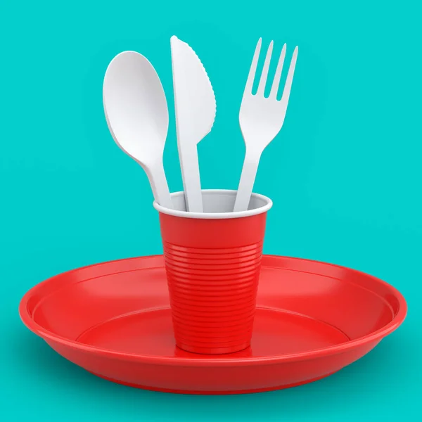 Set of disposable utensils like plate, folk, spoon,knife and cup on green background. 3d render concept of save the earth and zero waste
