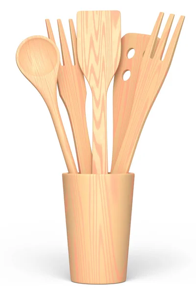 Деревянные Кухонные Принадлежности Инструменты Оборудование Держатель Белом Фоне Рендеринг Домашней — стоковое фото