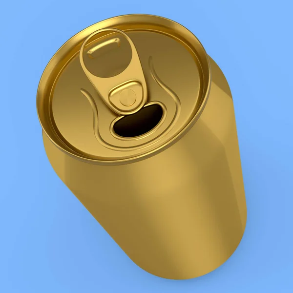 Cerveza Refresco Aluminio Dorado Puede Aislarse Sobre Fondo Azul Maqueta —  Fotos de Stock