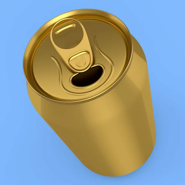 Gold Aluminum Beer Soda Can Isolated Blue Background Render Mockup — Stock Photo, Image