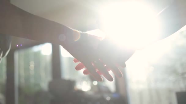 Zakenman en vrouw die elkaar de hand schudden. Close-up van zakenmensen schudden handen op zonsondergang — Stockvideo