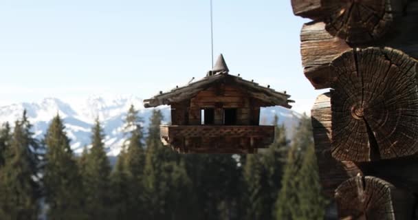Close-up of footage of a small wooden-house artefact hanging from a thread and swinging slowly against a blurred background of trees and mountains. outdoors. Nature. — Stock Video