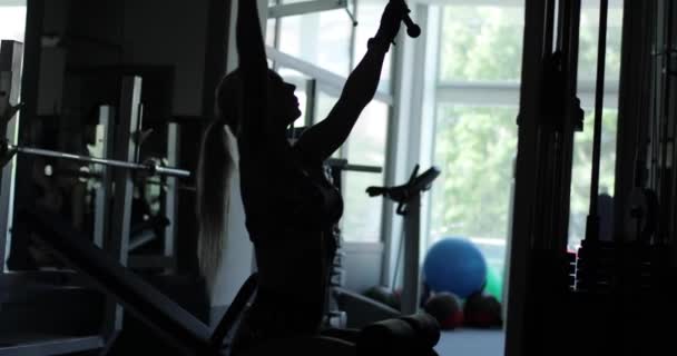 Silhouette au ralenti et vue latérale d'une jeune femme blonde à queue de cheval assise sur une machine à lat tout en tirant vers le bas du bar pendant un entraînement cardio intense dans la salle de gym. — Video
